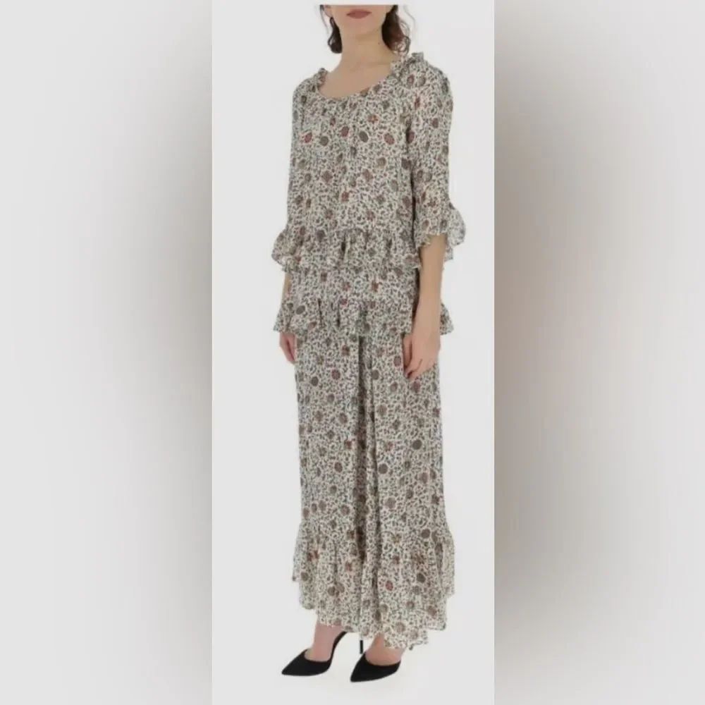 TORY BURCH Ivory Paisley Printed Ruffle Maxi Long Silk Dress 3/4 Sleeves NWOT